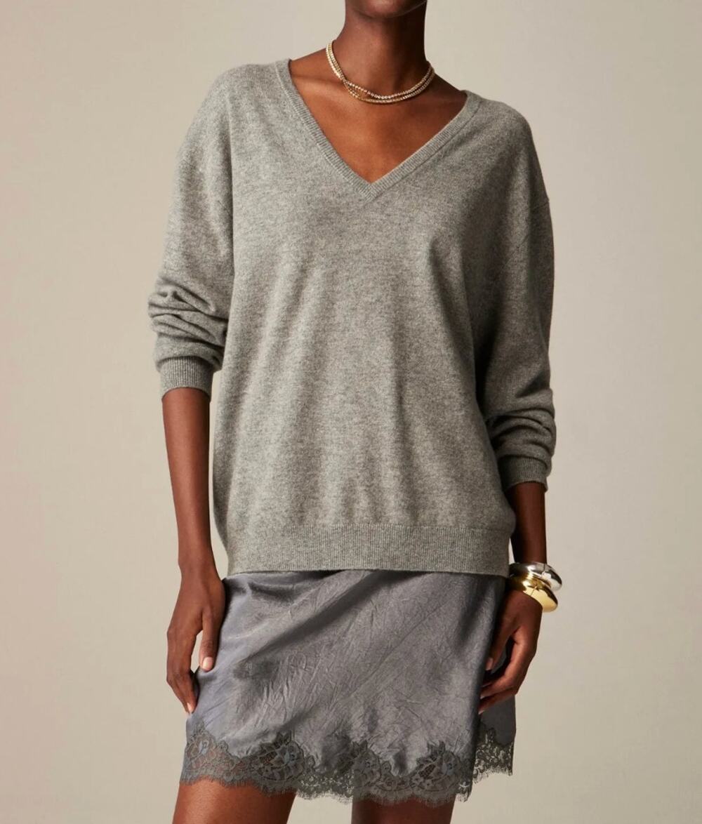 J.Crew Cashmere Relaxed V-Neck Sweater BA394 Gray Medium